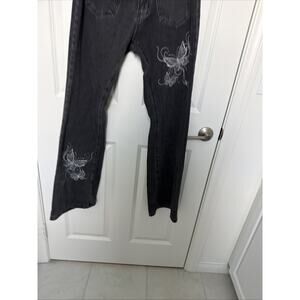 Romwe Women’s Goth Butterfly Embroidery Flare Jeans M Y2K Festival Glam